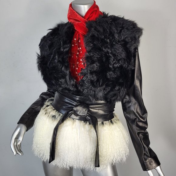 NWT~$1695~ASHLEY B~SZ M~BLACK WHITE REAL MONGOLIAN CURLY LAMB FUR LEATHER COAT